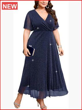 Plus Size Sparkly Maxi Dress V-Neck Wrap Ruffle Sleeve A-Line Glitter Gown